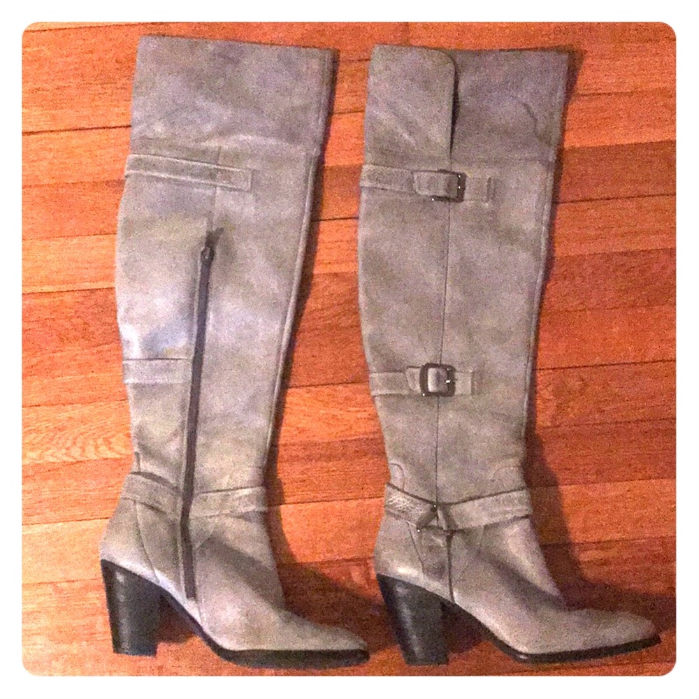 Gray soft leather over the knee boots.
